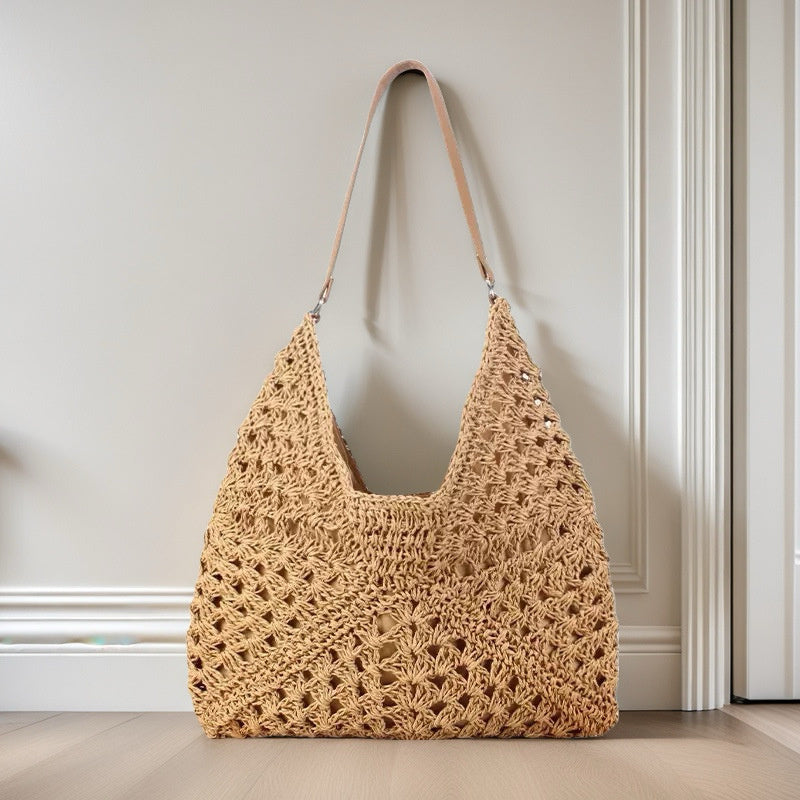 Women's Fashion Handmade Straw Woven Hollow Contrast Color Weave Shoulder Bag