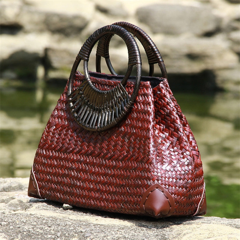 Hollow Weave Bamboo Handbag - Small Round Bag