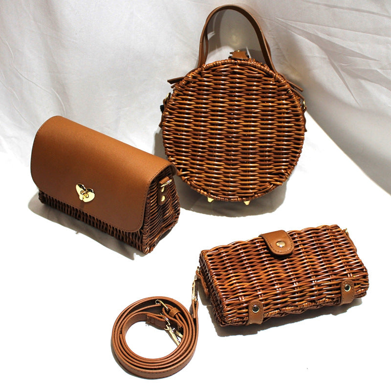 Hand-Held Shoulder Strap Woven Vegetable Basket Rattan-LikeRattan Bag FashionWoven Bag