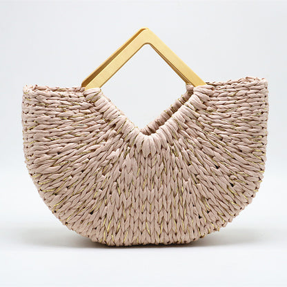 Hand Moon Bag Wooden Handle Straw