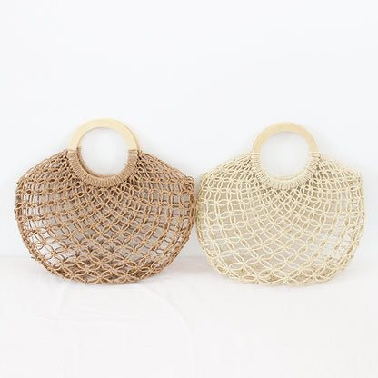 Woven Round Wooden Handle Casual Women's Handbag