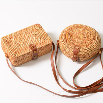 Rattan bag ins diagonal mini bag Sen basket basket tweezers retro literary hand-woven leather buckle bag