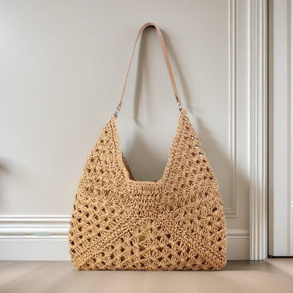 Women's Fashion Handmade Straw Woven Hollow Contrast Color Weave Shoulder Bag