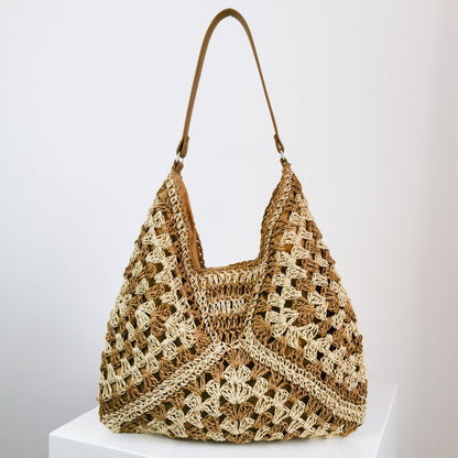 Women's Fashion Handmade Straw Woven Hollow Contrast Color Weave Shoulder Bag