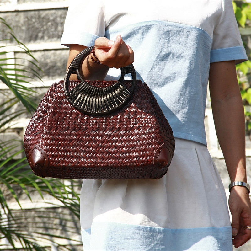 Hollow Weave Bamboo Handbag - Small Round Bag