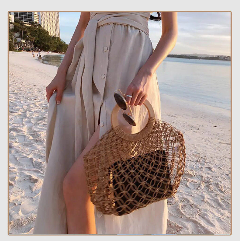 Woven Round Wooden Handle Casual Women's Handbag